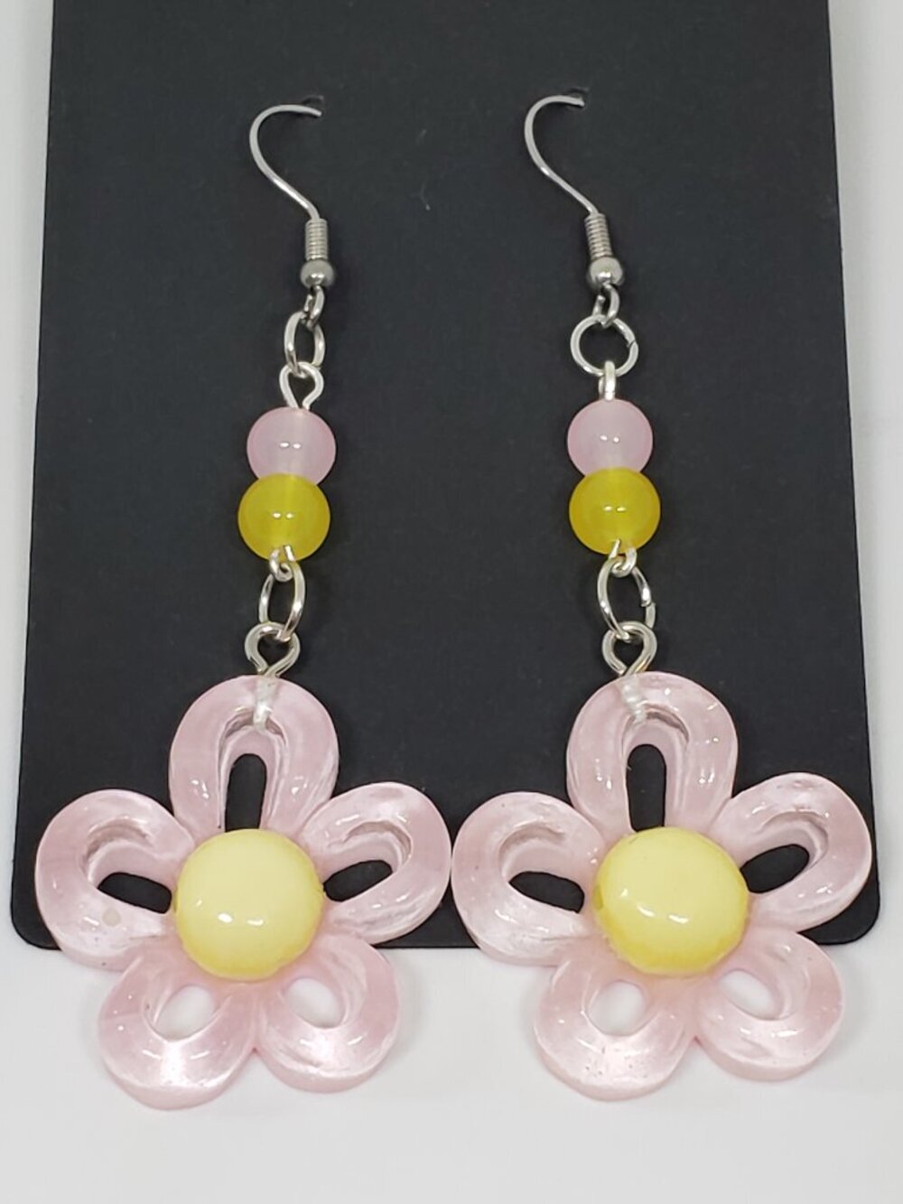 Handmade Pink Yellow Beaded Resin Glass Flower Earrings